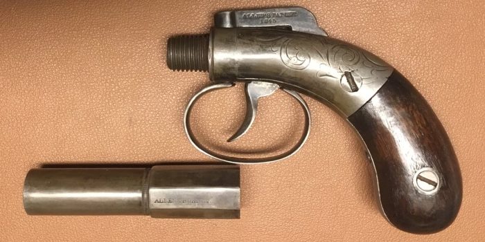 Allen&Thurber Single Shot Bar Hammer Pistol 1845 A&T Marking 04 Allen & Thurber Barhammer Pistol - 3 Inch barrel - 1845 Marking - Barrel unscrewed