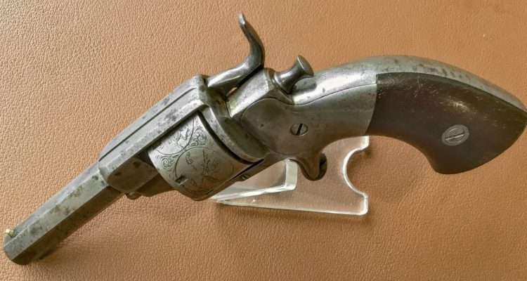 Allen & Wheelock 22RF Side-Hammer Revolver - First Model - Top left side view with detail of cylinder pin