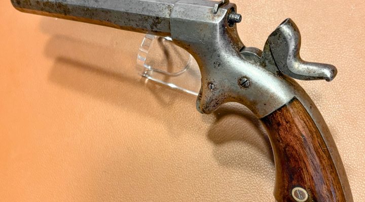 Allen Wheelock Straight Line Percussion Pistol - Left Top view - Cocked hammer