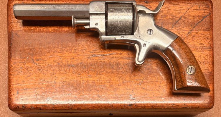 Allen & Wheelock 22RF Side-Hammer Revolver - Intermediate Fifth Model - Left side view - On it's wooden box